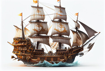 Fototapeta premium Photorealistic pirate schooner or sailing ship in 16th-17th century style on a white background. AI generative.