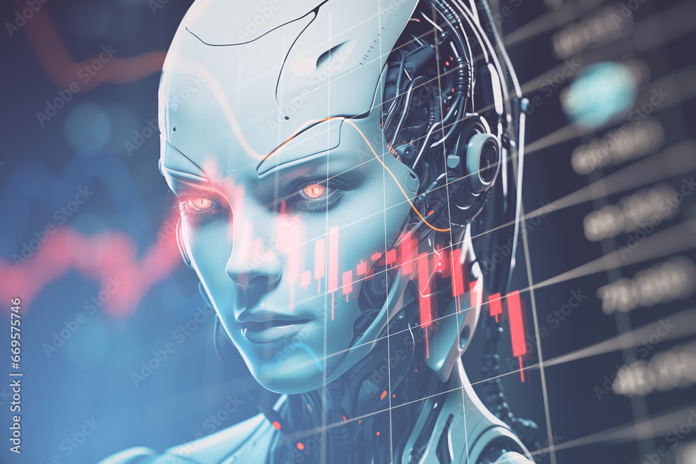 Poster Close up of female robot with falling down red forex chart on blurry background. Generative AI