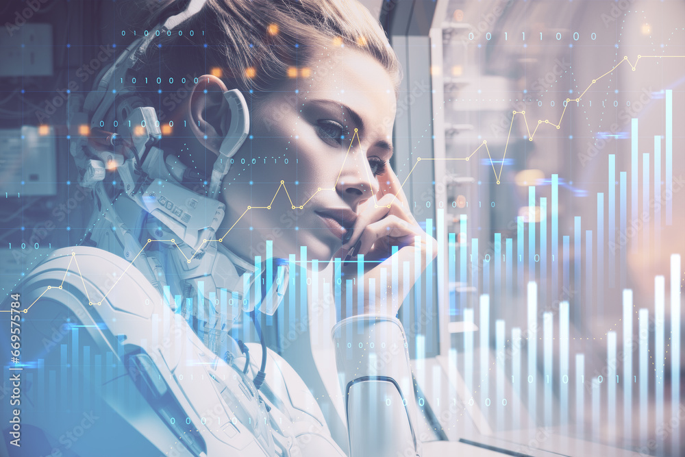 Poster portrait of robot face with forex chart. double exposure. generative ai