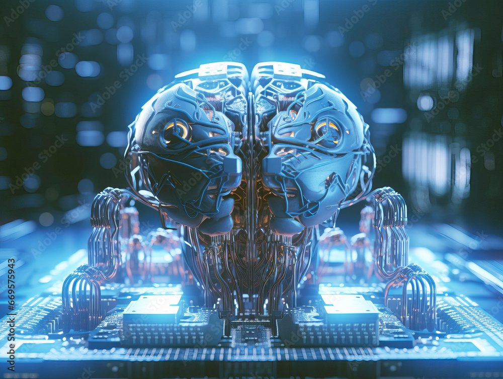 Poster artificial intelligence concept with circuit board and human brain. Generative AI