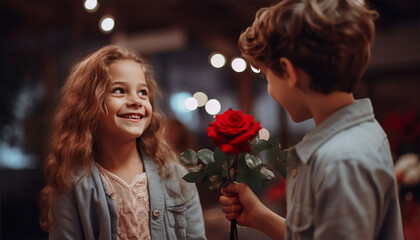 Boy give rose to girl. Little boy and girl on Valentine's Day or holiday. A boy gives roses to a girl. Romantic in love. Valentines Day concept - obrazy, fototapety, plakaty
