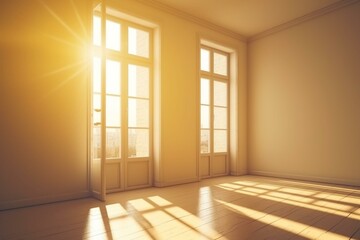Sunlit room with window and shadow, empty, 3D rendered. Generative AI