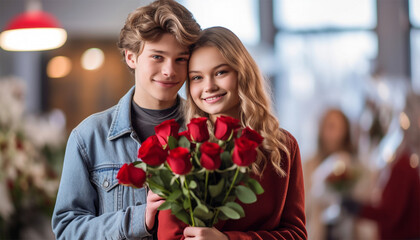 Boy give rose to girl. Little boy and girl on Valentine's Day or holiday. A boy gives roses to a girl. Romantic in love. Valentines Day concept