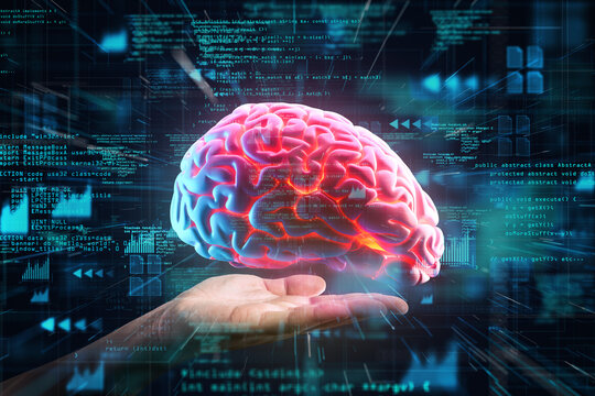 Conceptual image of human brain with glowing big data interface. Generative AI