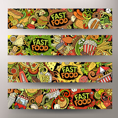 Fastfood doodle banners set. Cartoon detailed flyers.