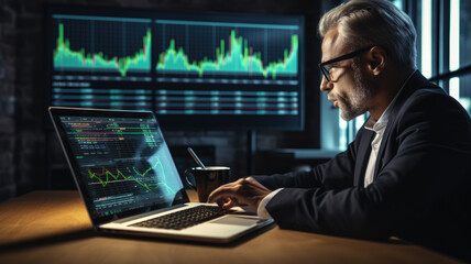 Businessman analyzing company financial balance sheet working with digital virtual graphics Businessman calculating financial data for long term investment 