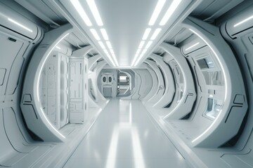 An image showing a complete 360 degree spacecraft hallway adorned with a sleek and futuristic white design. Generative AI