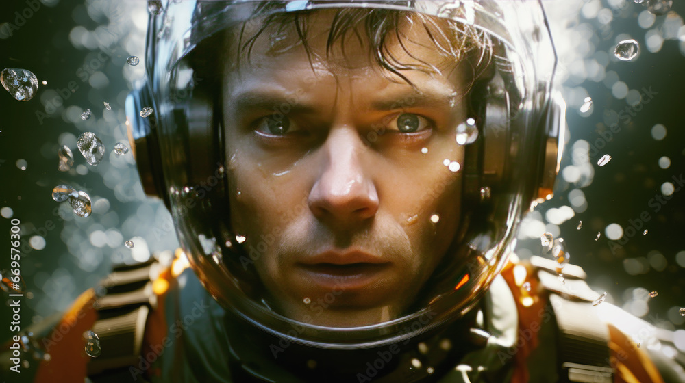 Poster portrait of a male astronaut in a spacesuit and helmet. generative ai