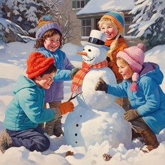 Kinder bauen Schneemann