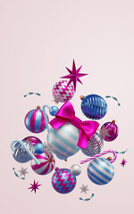 Flying decorations Christmas balls and candy canes. 3d rendering