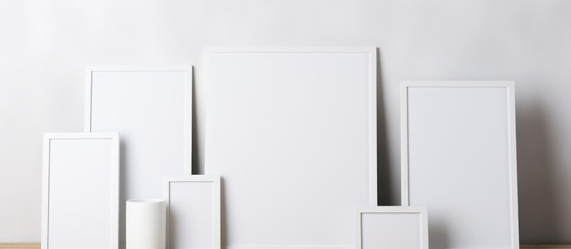 Abstract artwork with vase and frame against white wall backdrop
