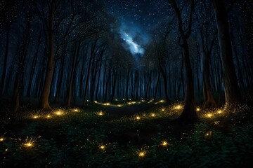 A group of fireflies creating a mesmerizing light show in a tranquil, moonlit grove.