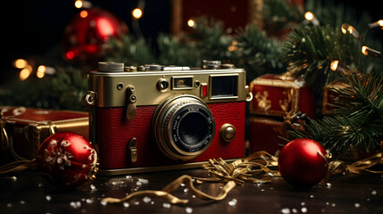 Red and Vintage Christmas Camera with the Christmas Tree in the Background, Festive Atmosphere. High-Quality 4K