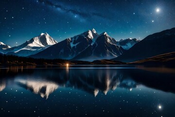 A tranquil lakeshore with a reflection of a snow-capped mountain under a clear, starry night.