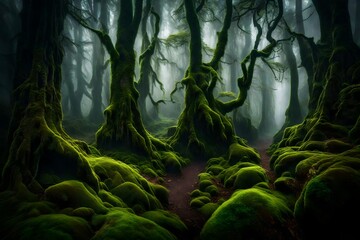 A dense and mysterious fog blanketing an ancient, moss-covered forest.