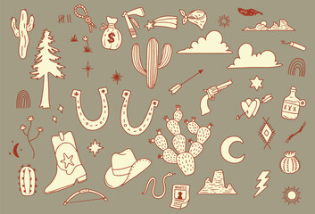 Cowboy Western Boho Vector Hand-Drawn Illustration Collection Set - 669577358