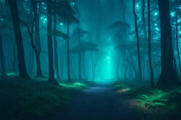 A dense, otherworldly forest with towering, alien-like trees shrouded in mist.