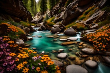 A crystal-clear stream winding through a rocky canyon, surrounded by vibrant wildflowers.