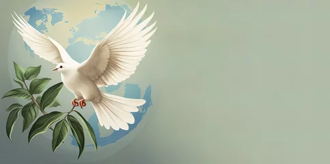 Foto op Plexiglas White bird, dove flying in front of the globe. Symbol of peace on earth. Wings and some leaves for concept of stopping the war. Love and peace for humanity. Card, banner. © Caphira Lescante