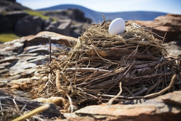 A birds nest on top of a rock