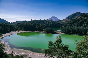 Green water lake surrounded by dense trees of forest and mountain on the background. Telaga Warna, Dieng Plateau. Indonesia