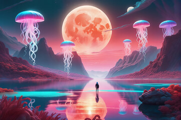 Flying space jellyfish. A magical world. Fantastic landscape. New inhabitants of the planet. AI