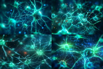 AI Generated illustration, neuron cells, glowing link knots. Neuron cells sending electrical  impulses.