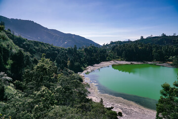 Green water lake surrounded by dense trees of forest and mountain on the background. Telaga Warna, Dieng Plateau. Indonesia