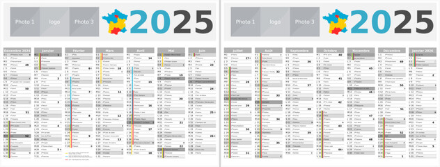 Calendrier 2025 14 mois au format 320 x 420 mm recto verso entièrement modifiable via calques et texte sans serif