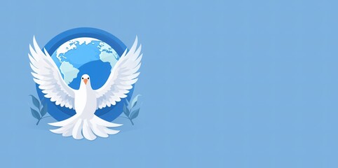 White bird, dove flying in front of the globe. Symbol of peace on earth. Wings and some leaves for concept of stopping the war.