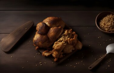Full size Chicken fried dark on wooden table with dark background, empty space for text