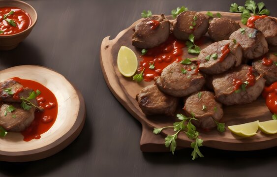 Roasted Mutton kabab and sauce decoration on wooden table with dark background, empty space for text