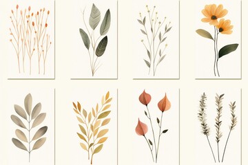 Minimalist illustrations of botanical shapes with flowers, plants, and leaves for wall art. Generative AI