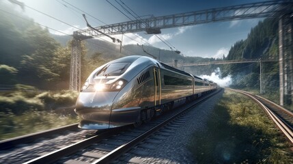 Fototapeta premium A silver train traveling down train tracks next to a forest