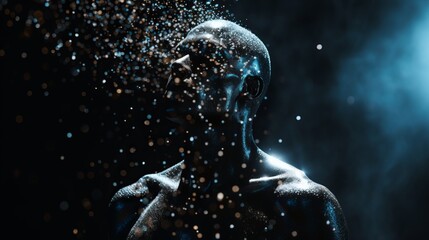 A man's body with scattering particles are shown in the dark