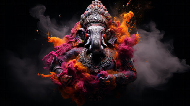 Ganesha with elephant head in holy colorful paint dust splash. Religion and culture concept