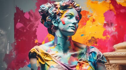 A close up of a painted colorful statue of a woman - obrazy, fototapety, plakaty