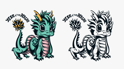 Chinese Happy New Year 2024. Year of the Dragon. Symbol of New Year. Cute kids dragon in cartoon style. Children's illustrations. Happy animal.