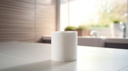 A roll of toilet paper sitting on top of a white counter