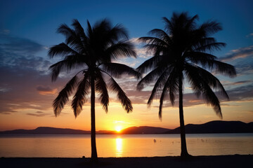 palm trees on the beach at sunset
