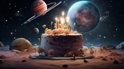 A birthday cake with candles and planets in the background