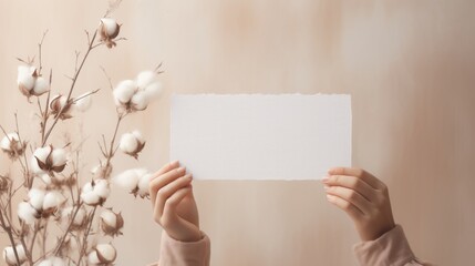 A person holding up a white piece of paper on cotton flowers background