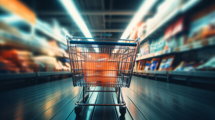 A shopping cart in a store aisle with motion blur