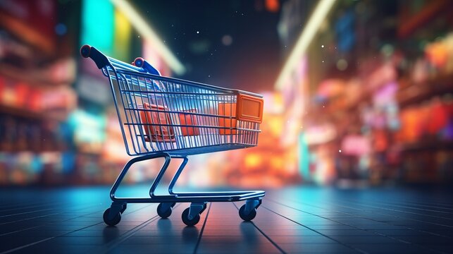 A shopping cart in a store aisle with motion blur