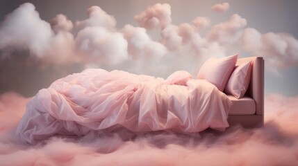 Fototapeta na wymiar A pink bed sitting in the middle of a cloud filled sky