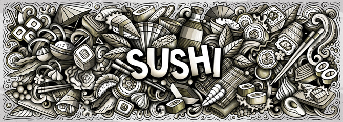 Sushi doodle cartoon funny banner