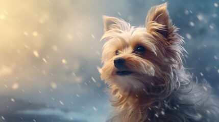 Fototapeta premium A small brown dog sitting in the snow