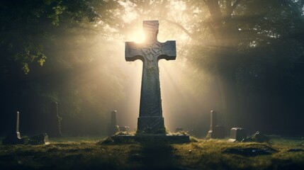 A cross in the middle of a graveyard