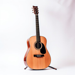 Obraz premium Acoustic guitar on stand, wooden body, white background.