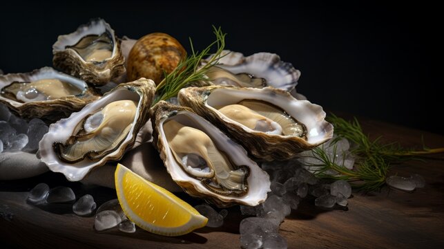 A pile of oysters on ice with lemon wedges